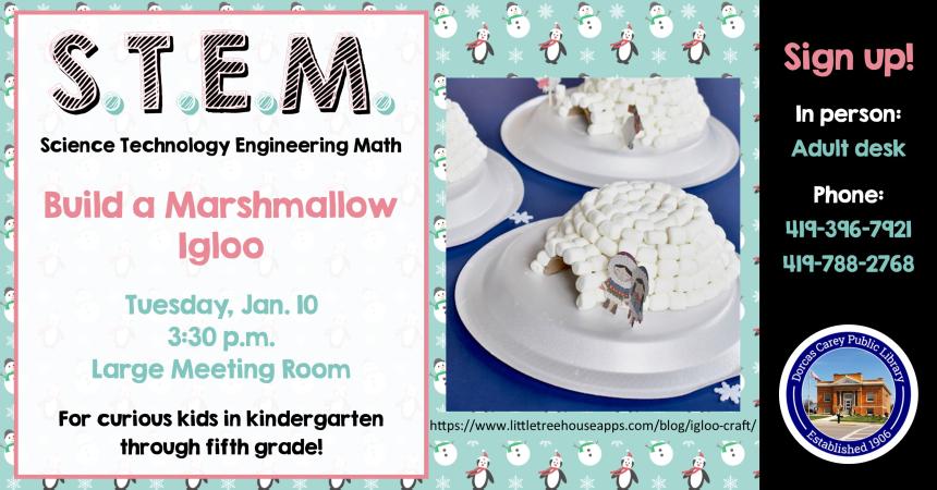 This program will be held on the second Tuesday of the month from September through May at 3:30 p.m.  Come enjoy the hands-on-experience of learning.  Children in grades Kindergarten through 5 are encouraged to join the learning fun!  This month’s project:  Build an Igloo.  Please sign-up at the adult circulation desk, by phone at 419-396-7921 or 419-788-2768 or our website at www.dorcascarey.org.