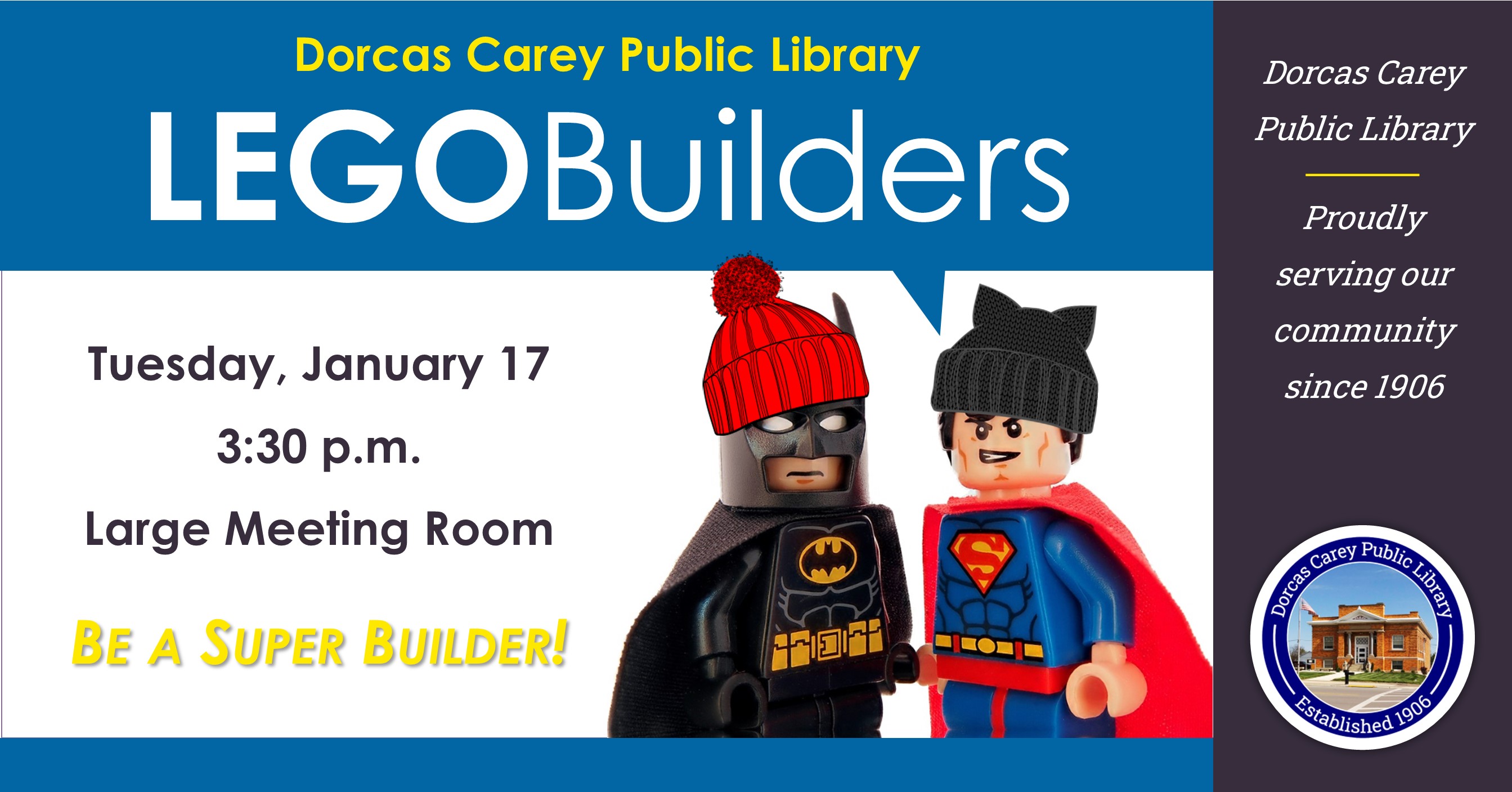 Do you love LEGOs?  Our Lego Builders program is back! Patrons of all ages can go wild building on the 3rd Tuesday of every month at 3:30 p.m., September through May.