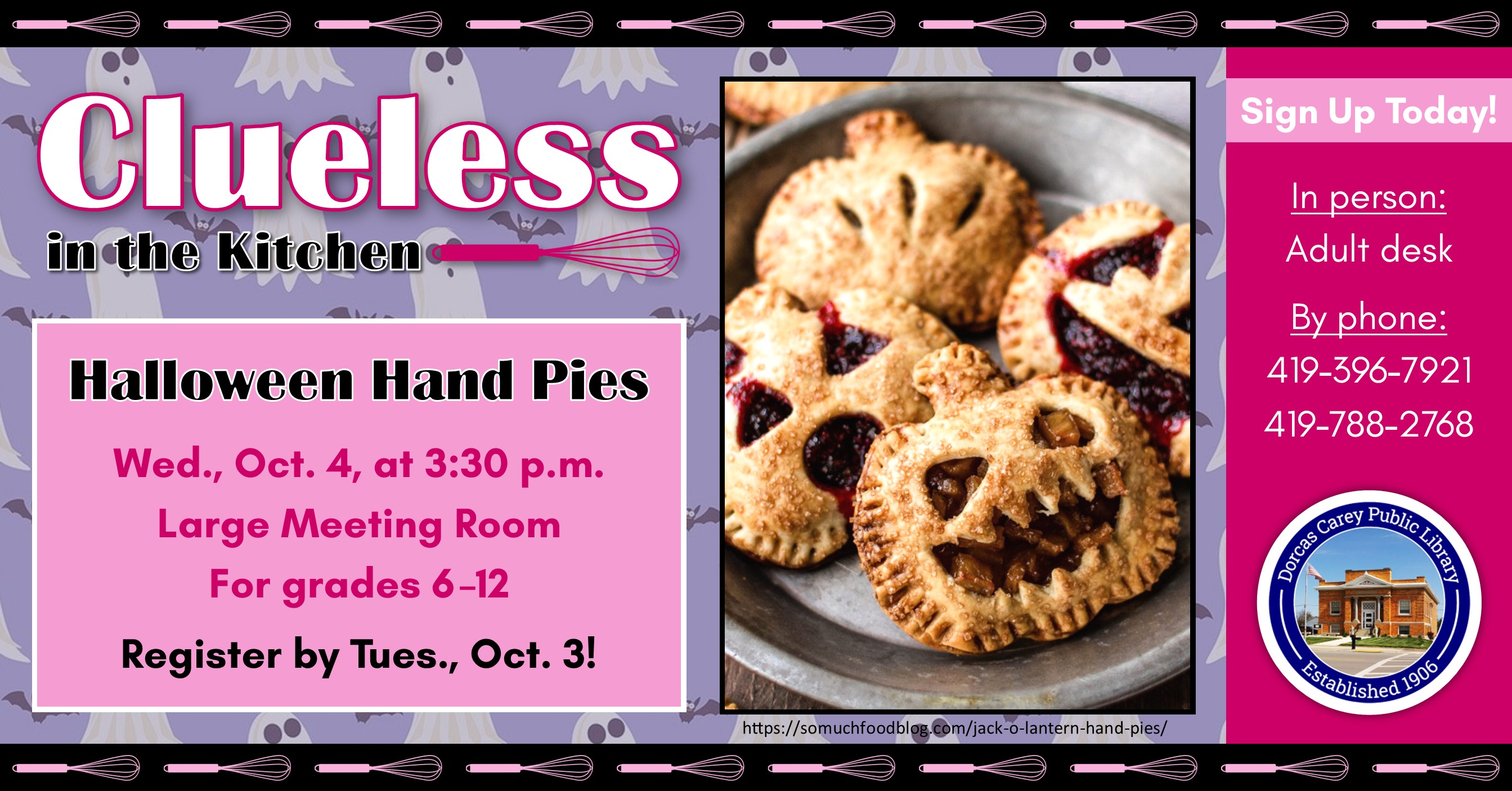 Come join in the cooking fun!  This program is for grades 6 through 12 and will take place the first Wednesday of the month September through May at 3:30 p.m.  This month’s project is:  Halloween Hand Pies.  Please sign up at the adult circulation desk or by phone at 419-396-7921 or 419-788-2768.