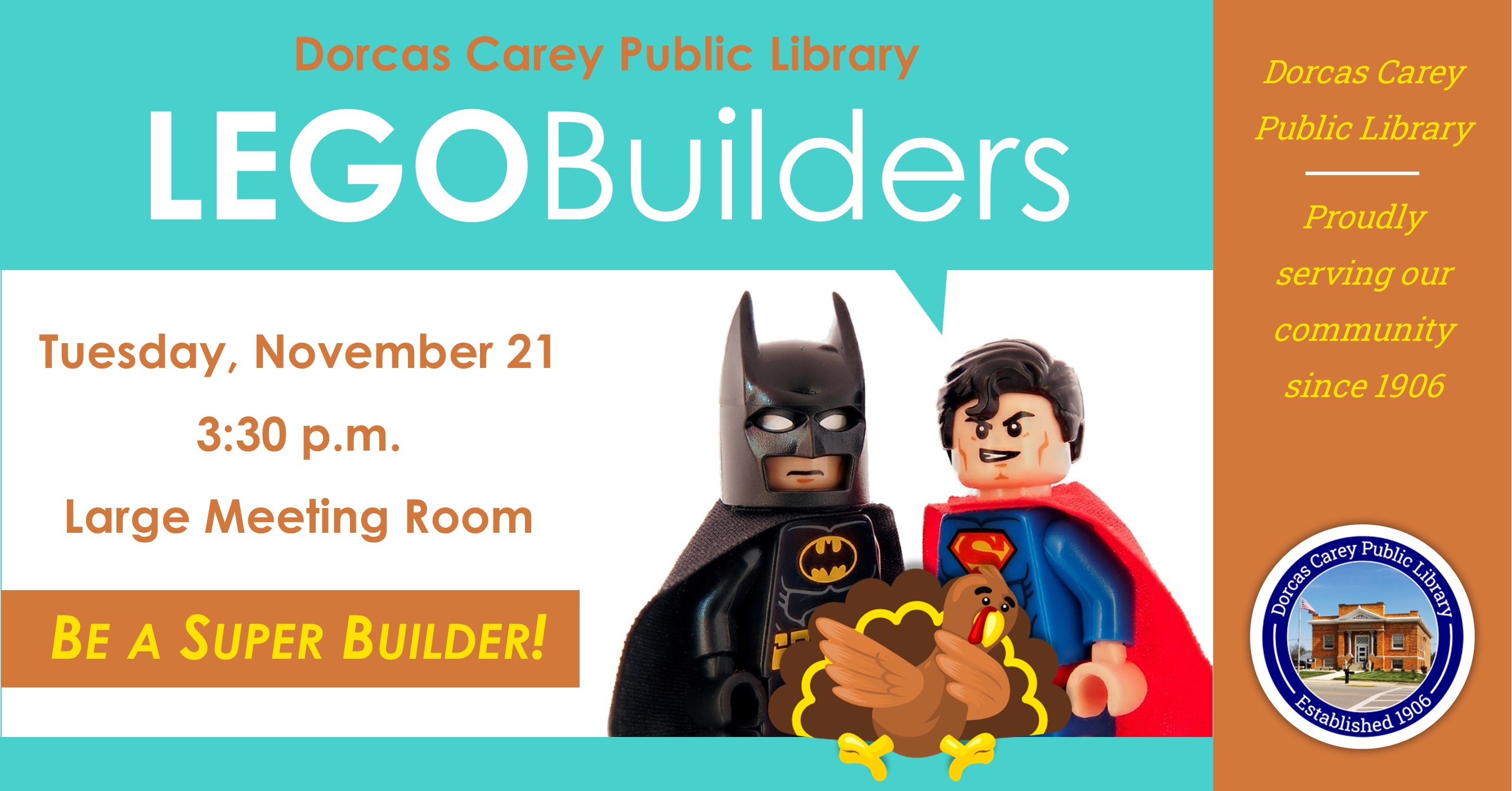 Do you love LEGOs?  Patrons of all ages can go wild building on the 3rd Tuesday of every month at 3:30 p.m., September through May.