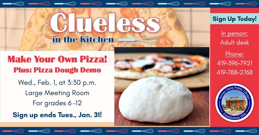 Come join in the cooking fun!  This program is for grades 6 through 12 and will take place the first Wednesday of the month September through May at 3:30 p.m.  This month’s project is:  Pizza Dough Demonstration & Make Your Own Pizza.  Please sign up at the adult circulation desk, by phone at 419-396-7921 or 419-788-2768, or on our website at www.dorcascarey.org.
