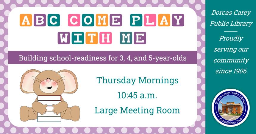Join us on Thursday mornings 10:45 - 11:45 a.m. to build school readiness for 3, 4, and 5-year-olds.  Together we will learn letter and number recognition, basic phonics, gross and fine motor skills, and group socialization.  Children will enjoy circle time, STEM and craft projects, and exploration centers as well.   This weekly program runs September through May.