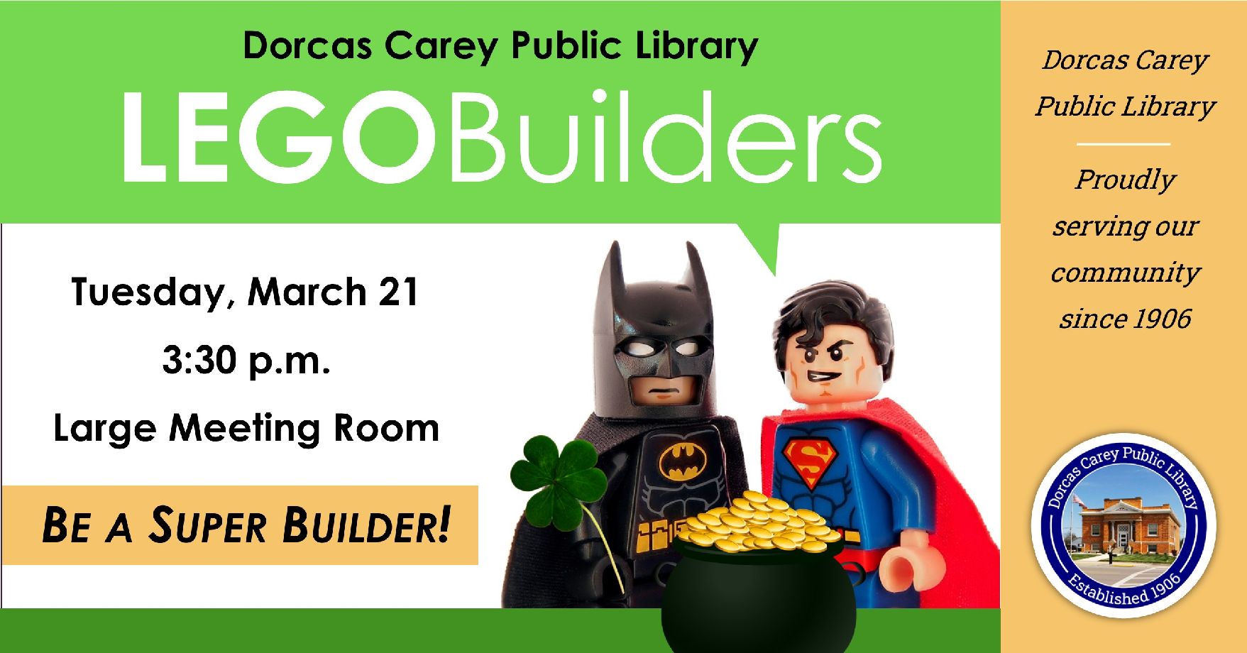 Do you love LEGOs?  Our Lego Builders program is back! Patrons of all ages can go wild building on the 3rd Tuesday of every month at 3:30 p.m., September through May.