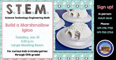 This program will be held on the second Tuesday of the month from September through May at 3:30 p.m.  Come enjoy the hands-on-experience of learning.  Children in grades Kindergarten through 5 are encouraged to join the learning fun!  This month’s project:  Build an Igloo.  Please sign-up at the adult circulation desk, by phone at 419-396-7921 or 419-788-2768 or our website at www.dorcascarey.org.