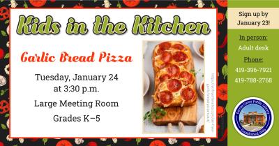 Come to the library on the fourth Tuesday of the month at 3:30 p.m. to learn how to make treats that can be shared with family and friends.  Children in kindergarten through grade 5 are encouraged to join the cooking fun!  This month’s recipe: Texas Toast Garlic Pizza.  Please sign up at the adult circulation desk, by phone at 419-396-7921 or 419-788-2768, or on our website at www.dorcascarey.org.