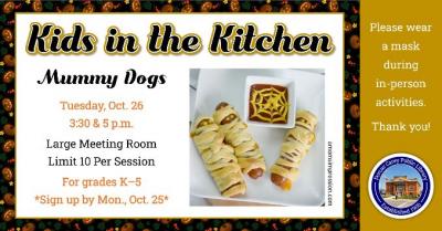 Come to the library on the fourth Tuesday of the month at 3:30 or 5 p.m. to learn how to make treats that can be shared with family and friends.  Children in kindergarten through grade 5 are encouraged to join the cooking fun!  This month’s recipe:  Mummy Dogs.  Please sign-up at the adult circulation desk, by phone at 419-396-7921 or 419-788-2768 or our website at www.dorcascarey.org.