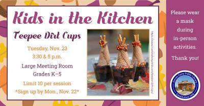 Come to the library on the fourth Tuesday of the month at 3:30 or 5 p.m. to learn how to make treats that can be shared with family and friends.  Children in kindergarten through grade 5 are encouraged to join the cooking fun!  This month’s recipe:  Teepee Dirt Cups.  Please sign-up at the adult circulation desk, by phone at 419-396-7921 or 419-788-2768 or our website at www.dorcascarey.org.