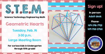 This program will be held on the second Tuesday of the month from September through May at 3:30 p.m.  Come enjoy the hands-on-experience of learning.  Children in grades Kindergarten through 5 are encouraged to join the learning fun!  This month’s project: Geometric Hearts.  Please sign-up at the adult circulation desk, by phone at 419-396-7921 or 419-788-2768 or our website at www.dorcascarey.org.