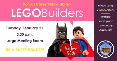 Do you love LEGOs?  Our Lego Builders program is back! Patrons of all ages can go wild building on the 3rd Tuesday of every month at 3:30 p.m., September through May.