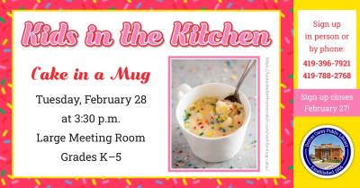 Come to the library on the fourth Tuesday of the month at 3:30 p.m. to learn how to make treats that can be shared with family and friends.  Children in kindergarten through grade 5 are encouraged to join the cooking fun!  This month’s recipe:  Cake in a Mug.  Please sign up at the adult circulation desk, by phone at 419-396-7921 or 419-788-2768, or on our website at www.dorcascarey.org.