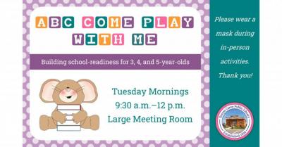 Join us on Tuesday mornings 9:30 – 12:00 to build school readiness for 3, 4, and 5-year-olds.  Together we will learn letter and number recognition, basic phonics, gross and fine motor skills, and group socialization.  Children will enjoy circle time, STEM and craft projects, and exploration centers as well.   This weekly program runs September through May.