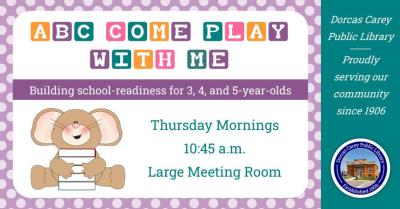 Join us on Thursday mornings 10:45 - 11:45 a.m. to build school readiness for 3, 4, and 5-year-olds.  Together we will learn letter and number recognition, basic phonics, gross and fine motor skills, and group socialization.  Children will enjoy circle time, STEM and craft projects, and exploration centers as well.   This weekly program runs August through May.