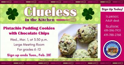 Come join in the cooking fun!  This program is for grades 6 through 12 and will take place the first Wednesday of the month September through May at 3:30 p.m.  This month’s project is:  Pistachio Pudding Cookies with Chocolate Chips.  Please sign up at the adult circulation desk or by phone at 419-396-7921 or 419-788-2768.