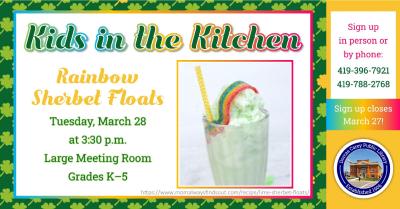 Come to the library on the fourth Tuesday of the month at 3:30 p.m. to learn how to make treats that can be shared with family and friends.  Children in kindergarten through grade 5 are encouraged to join the cooking fun!  This month’s recipe:  Rainbow Sherbet Floats.  Please sign up at the adult circulation desk or by phone at 419-396-7921 or 419-788-2768.