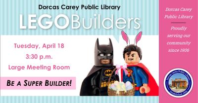 Do you love LEGOs?  Our Lego Builders program is back! Patrons of all ages can go wild building on the 3rd Tuesday of every month at 3:30 p.m., September through May.