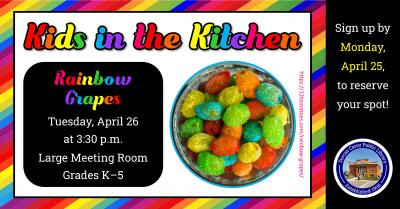 Come to the library on the fourth Tuesday of the month at 3:30 p.m. to learn how to make treats that can be shared with family and friends.  Children in kindergarten through grade 5 are encouraged to join the cooking fun!  This month’s recipe: Rainbow Grapes.  Please sign up at the adult circulation desk, by phone at 419-396-7921 or 419-788-2768, or on our website at www.dorcascarey.org.