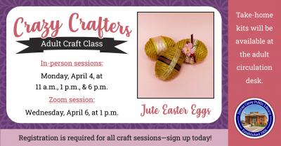 Enjoy the laughter and crafty company on Monday, April 4th at 11 a.m., 1 p.m. & 6 p.m.  Discover the creative side of yourself and have fun!  Supplies are provided free of charge, but donations are welcome!!  This month’s craft will be Jute Easter Eggs.  Please sign up at the adult circulation desk, by phone at 419-396-7921 or 419-788-2768, or on our website at www.dorcascarey.org.