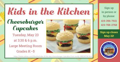 Come to the library on the fourth Tuesday of the month at 3:30 p.m. to learn how to make treats that can be shared with family and friends.  Children in kindergarten through grade 5 are encouraged to join the cooking fun!  This month’s recipe:  Cheeseburger Cupcakes.  Please sign up at the adult circulation desk or by phone at 419-396-7921 or 419-788-2768.