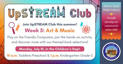 STREAM will be held for Toddlers - PreK at 10 am. in the Children's Department.  STREAM (Science, Technology, Reading, Engineering, Art & Music, and Math) is is a program themed around one of the letters in "STREAM".  It involves use of the learning stations, a hands-on activity, and offer books on the associated topic. 