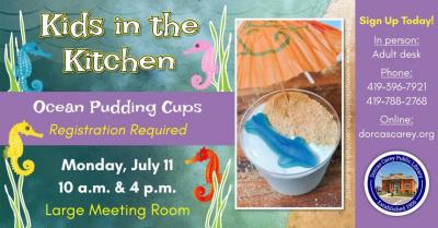 Come to the library on Monday, July 11th to learn how to make treats that can be shared with family and friends.  This month’s recipe: Ocean Pudding Cups.  Please sign up at the adult circulation desk, by phone at 419-396-7921 or 419-788-2768.