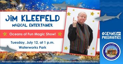 Jim Kleefeld is a full-time professional performer, specializing in school and library shows. Each year for over twenty-five years, he has developed, created and performed a new and different magic show based on a theme. Jim has created magic shows all about Outer Space, the Wild West, the Olympics, Underseas Adventure and dozens more. Three different educational Reading shows and several on Character keep Jim busy in area schools. Each summer he performs for many dozens of libraries all over Ohio. He also 