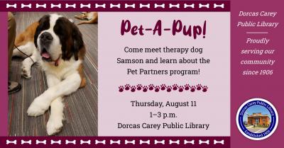 Samson the Saint Bernard will be at the library from 1 - 3 p.m. on Thursday, August 11th.  Samson is part of Pet Partners.  Pet Partners is the national leader in demonstrating and promoting the health and wellness benefits of animal-assisted therapy, activities, and education. With thousands of registered teams making more than 3 million visits annually, Pet Partners serves as the nation’s most diverse and respected nonprofit registering handlers of multiple species as volunteer teams. Pet Partners teams v