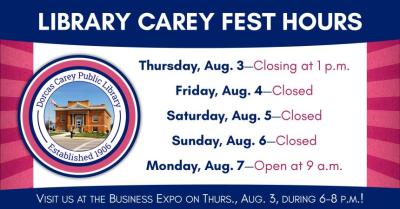 The library will be closing at 1 p.m. on Thursday, August 3rd and will reopen for regular business hours on Monday, August 7th at 9 a.m.  Be sure to visit us at the Business Showcase on Thursday evening from 6 p.m. to 8 p.m. at the Water Works Park.