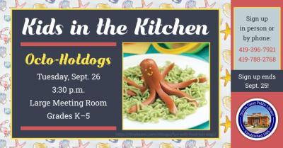 Come to the library on the fourth Tuesday of the month at 3:30 p.m. to learn how to make treats that can be shared with family and friends.  Children in kindergarten through grade 5 are encouraged to join the cooking fun!  This month’s recipe:  Octo Hotdogs.  Please sign up at the adult circulation desk or by phone at 419-396-7921 or 419-788-2768.