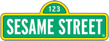 Sesame Street logo green street sign with white letters and yellow border